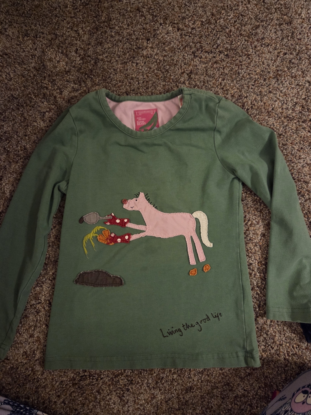 Joules Green Long-Sleeve Top with Pink Horse Applique